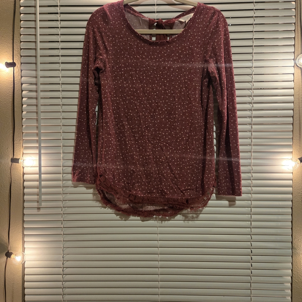 Women's Burgundy Lace Hem Blouse